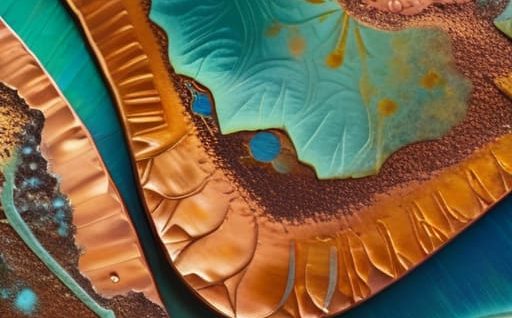 Decorative metal patina on textured surface.