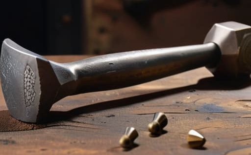 Assorted metal-working hammers on a workbench.