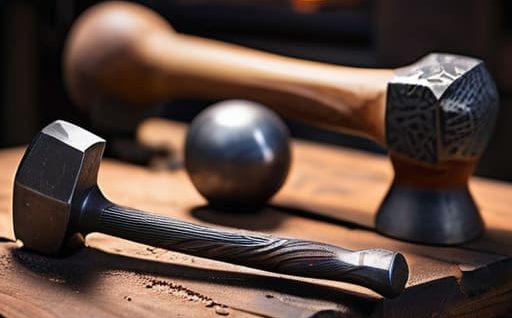 Assorted professional metalwork hammers on display.