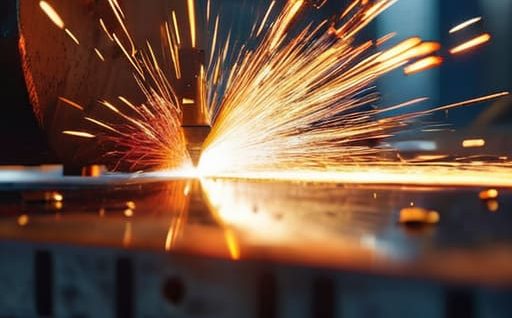 Worker using plasma cutting on metal.