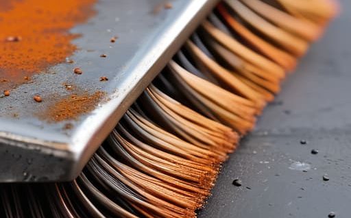 Cleaning metal surfaces with metal-working brushes.