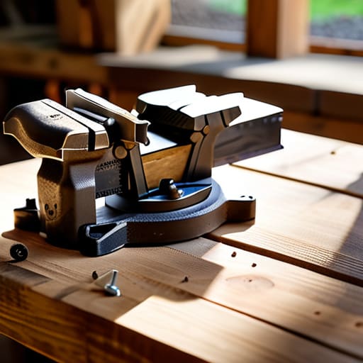 A solid bench vise on a workbench.