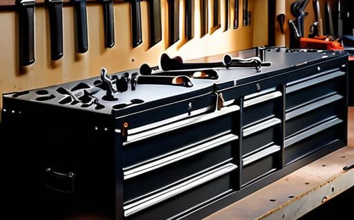 Organized metalwork tool storage in workshop.